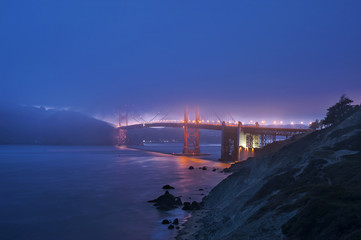 San Francisco Golden Gate Bridge in the foggy evening