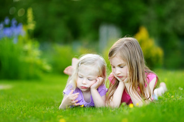 Fototapeta premium Two cute little sisters having fun on the grass