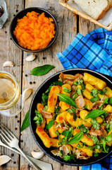 potatoes pumpkin gnocchi with bacon, cilantro and mint