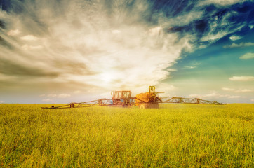 Fototapeta premium Farming tractor spraying green field