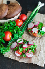Italian tomato bruschetta with chopped vegetables, herbs and oil