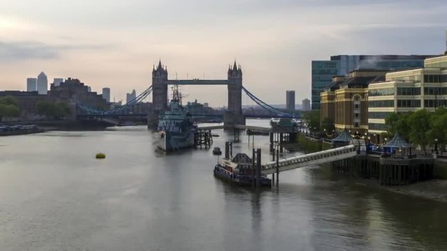 Motion time lapse of the Tower Bridge early morning in London.