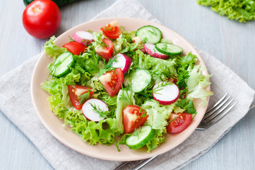 Tomato and cucumber salad with lettuce leafes