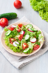 Tomato and cucumber salad with lettuce leafes