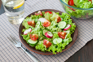 Tomato and cucumber salad with lettuce leafes