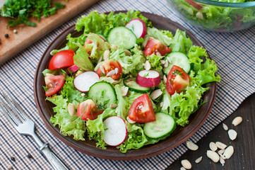 Tomato and cucumber salad with lettuce leafes