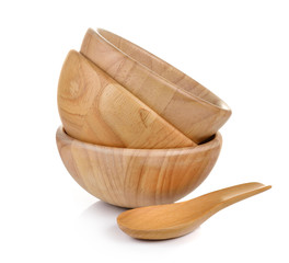 wood bowl and wood spoon on white background