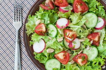 Tomato and cucumber salad with lettuce leafes