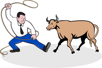 Businessman Holding Lasso Bull Cartoon