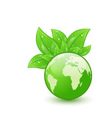 Global planet and eco green leaves isolated on white background