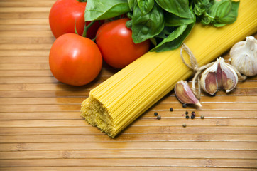 Pasta spaghetti, vegetables and spices