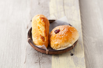 Freshly baked homemade bread in a bamboo basket, Selective focus