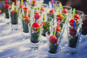 Beautifully decorated catering banquet table with different food snacks and appetizers with sandwich, caviar, fresh fruits on corporate party event or wedding celebration