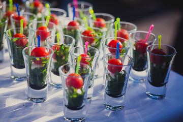 Beautifully decorated catering banquet table with different food snacks and appetizers with sandwich, caviar, fresh fruits on corporate party event or wedding celebration