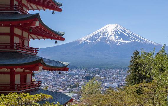 Japanese Chureito pagoda and Mountain Fuji in spring season