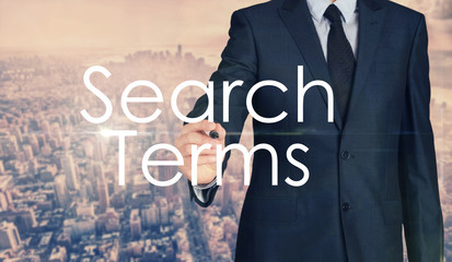 Businessman sketching and writing Search Terms with nice business city background in retro colors.
