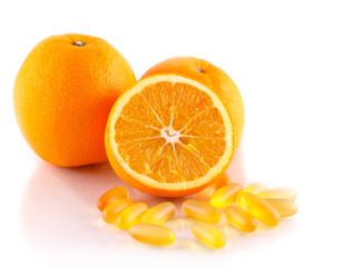 Orange fruit with vitamin isolated on white background.