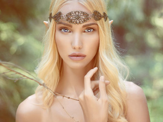 fantasy young woman in woods - obrazy, fototapety, plakaty