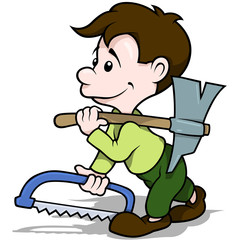 Walking Carpenter Holding Axe and Handsaw - Cartoon Illustration, Vector