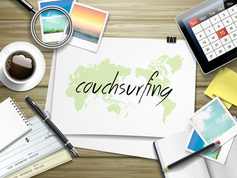 couchsurfing word written on paper