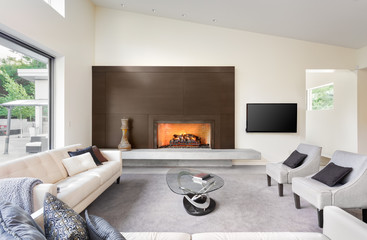 Beautiful living room in luxury home with fireplace, tv, couches, and glimpse of backyard patio