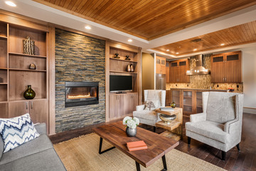 Beautiful living room with hardwood floors, wood strip tray ceil