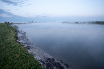 summer landscape dense fog in the oak grove near the river at dawn