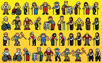 huge set of old people avatars - pixel art isolated layers vector illustration - 87253123