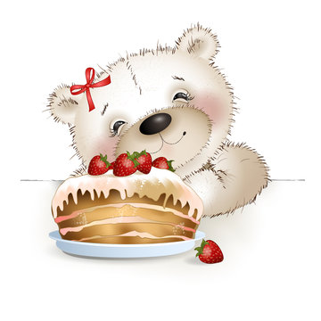 Teddy bear and strawberry cake on white background