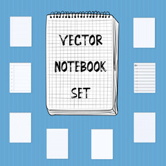 Vector Notebook Notepad Set. Include realistic, hand drawn, musi