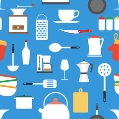 Seamless pattern of kitchen cooking icons, vector wallpaper