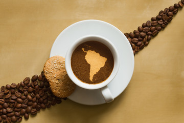 Still life - coffee with map of South America continent