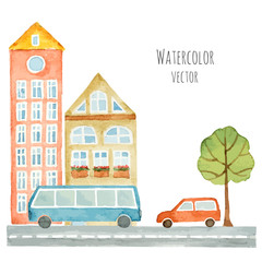 Obraz na płótnie Canvas Watercolor elements of urban design, houses, cars.