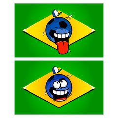 Brazilian flags with cartoon soccer balls. Vector illustration