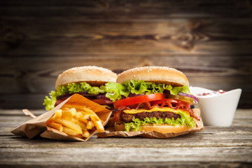 Delicious hamburger and fries