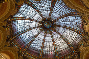 Galeries Lafayette interior in Paris. The architect Georges Chedanne designed the store where a Art Nouveau glass and steel dome