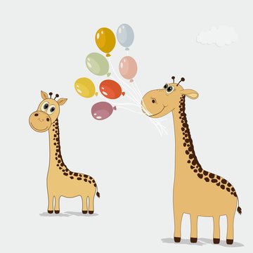 Cute cartoon giraffes with colorful balloons