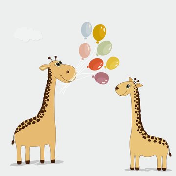 Cute cartoon giraffes with colorful balloons