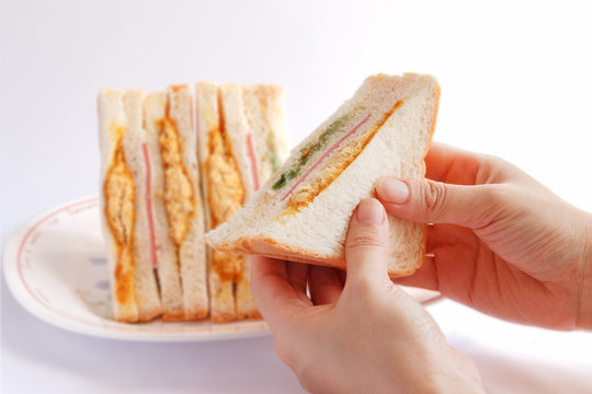 Sandwiches in the woman's hand.