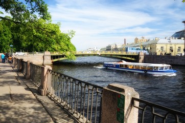 The Fontanka river,Pantelymonovsky bridge and the riverbus