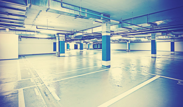 Color toned photo of underground parking.