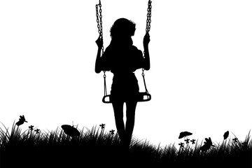 silhouette of cute girl play swing on sunset background