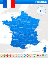 France map, flag and navigation icons - highly detailed vector illustration. Image contains land contours, country and land names, city names, water object names, flag, navigation icons.