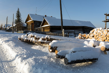 Russian village Visim in winter. Ural region, Russia