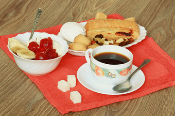 Breakfast with coffee and cream dessert