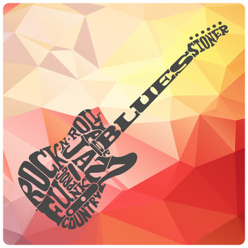 Music genres written in shape of electric guitar on modern triangles background