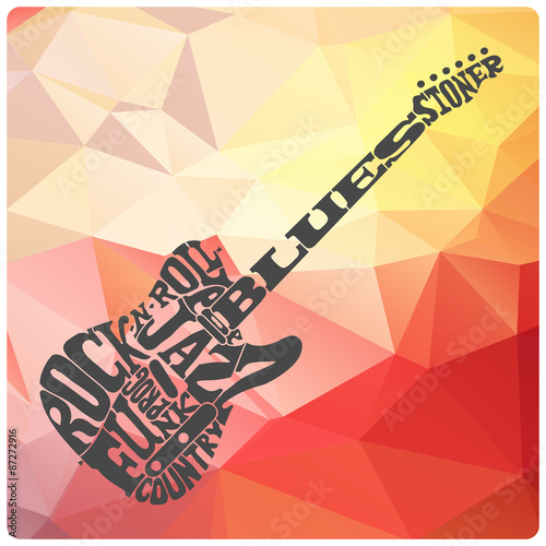 "Music genres written in shape of electric guitar on modern triangles