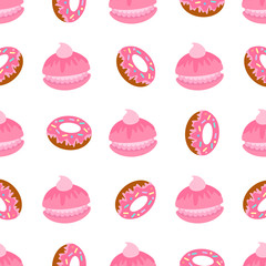 Pattern with marshmallows and donuts on the white background