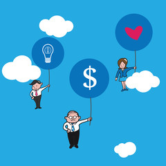 Businesspeople flying with balloons