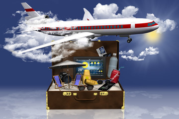 Aereo valigia vacanza_004
Aeroplano in cielo, fra le nubi sorvola una valigia contenente oggetti che richiamano la spiaggia: sabbia, ombrellone, sdraio, occhiali e creme solari ecc. - obrazy, fototapety, plakaty